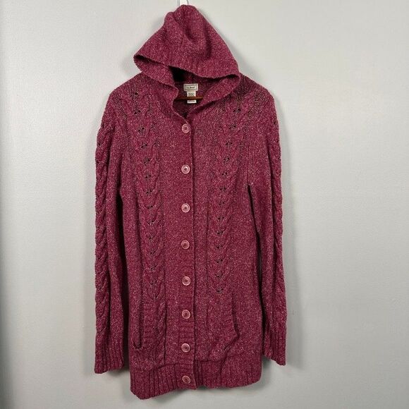 LL Bean Sweater Cable Knit Long Womens Medium Hooded Cardigan Pink Buttons Wool - Picture 1 of 4